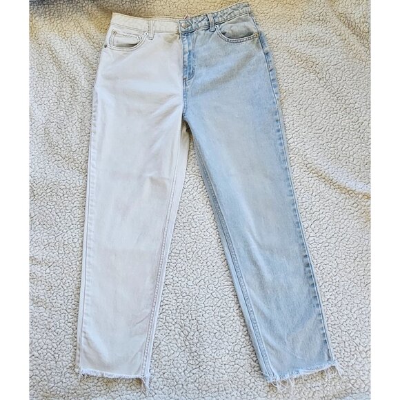 Two-Tone High-Waisted Straight-Leg Jeans Sz 11 Frayed Hem - Picture 3 of 7